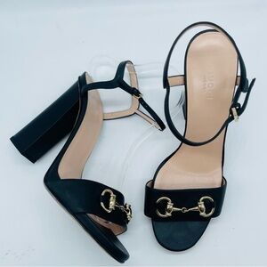 Gucci Black leather open toe horsebit high block heel sandals EU 38 US 8